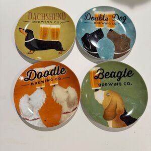 Pier 1 Imports Dog Doodle Beagle Dachshund Brewing Co. Set of 4 Plates